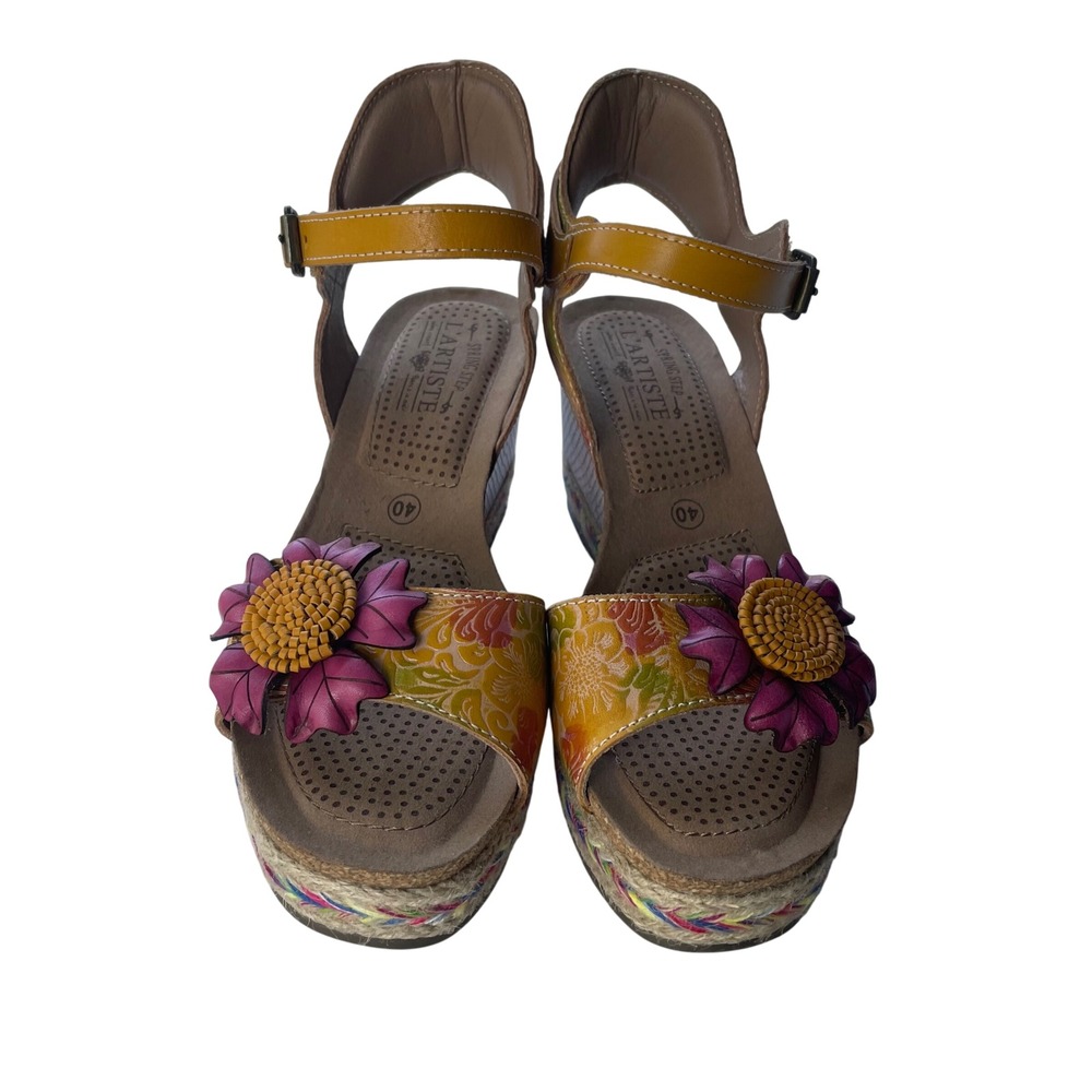 L'ATISTE Yellow Floral Leather Wedge Sandals with Pink Flower Accent - Picture 2 of 12